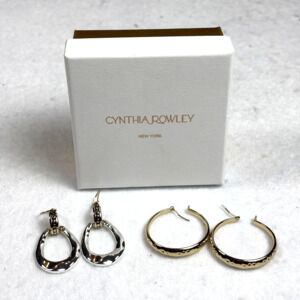CYNTHIA ROWLEY NY TEARDROP & HOOP EARRINGS BRASS SILVER GOLD BUNDLE W BOX